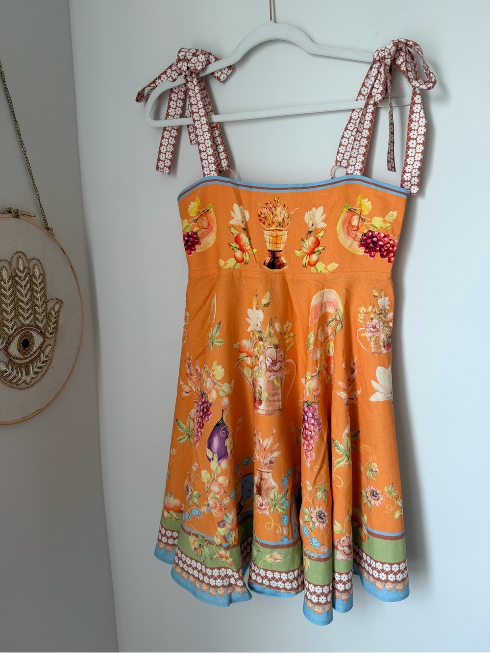 Orange Floral tropical fruit sleeveless tie strap linen blend Mini Dress - Picture 2 of 8